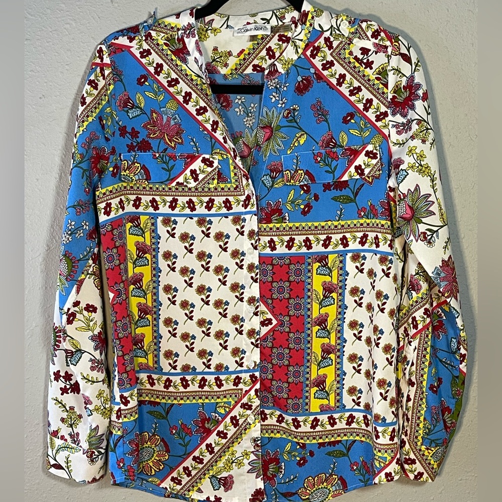 Calvin Klein S Colorful Retro 90s Y2K Floral  Patchwork Button Front Blouse 11H